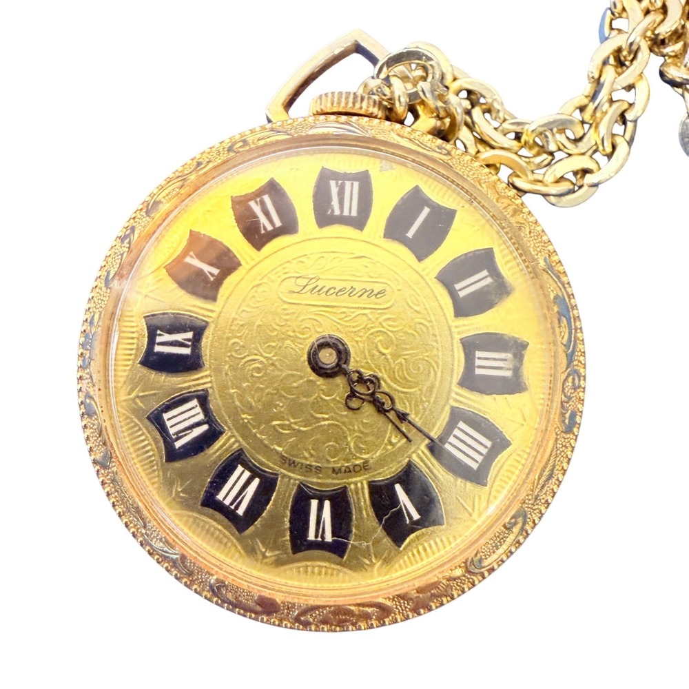 Vintage Lucerne Pendant Watch Gold Tone Swiss Made Roman Numeral Necklace Chain